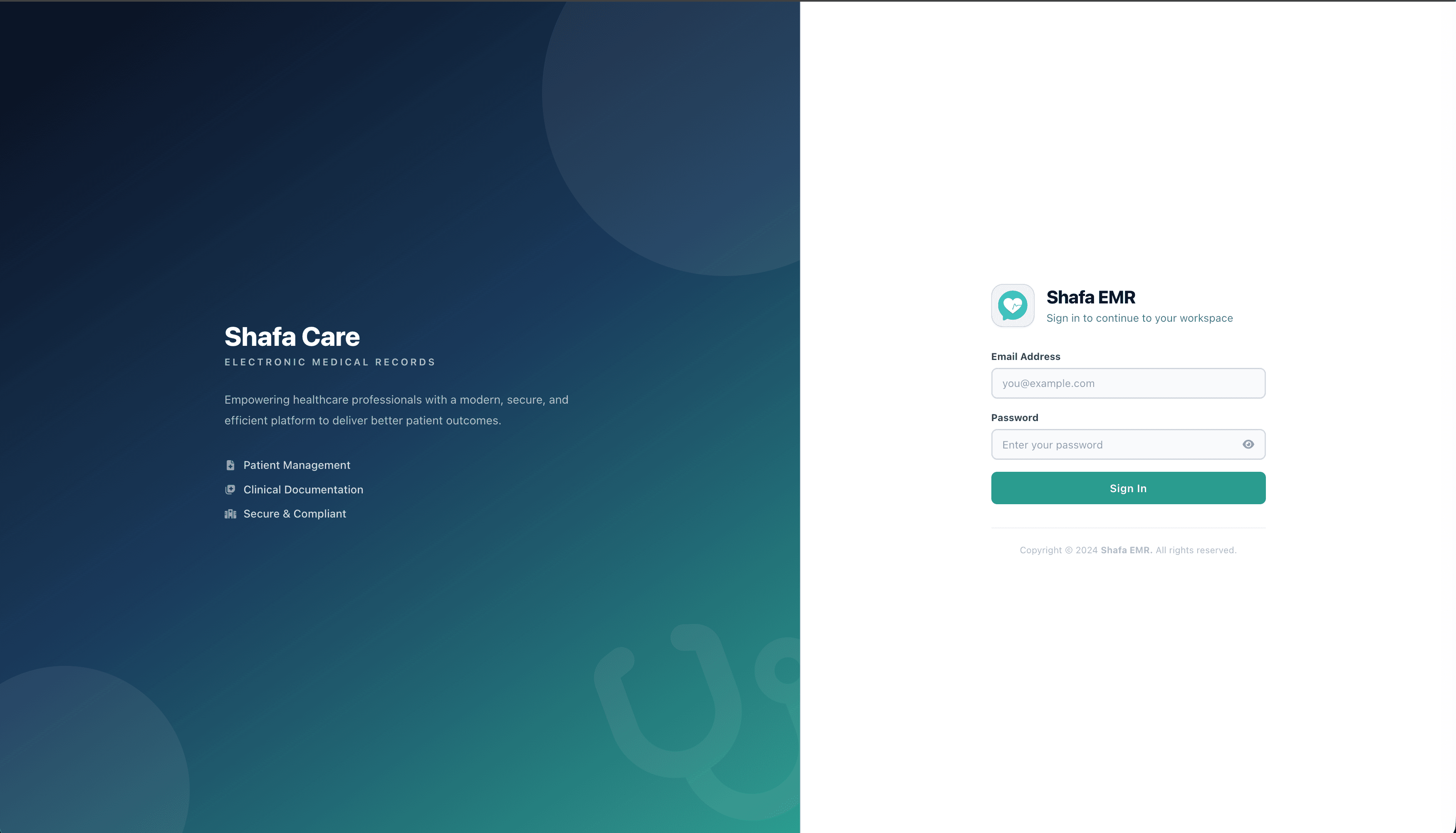 Shafa EHR login page