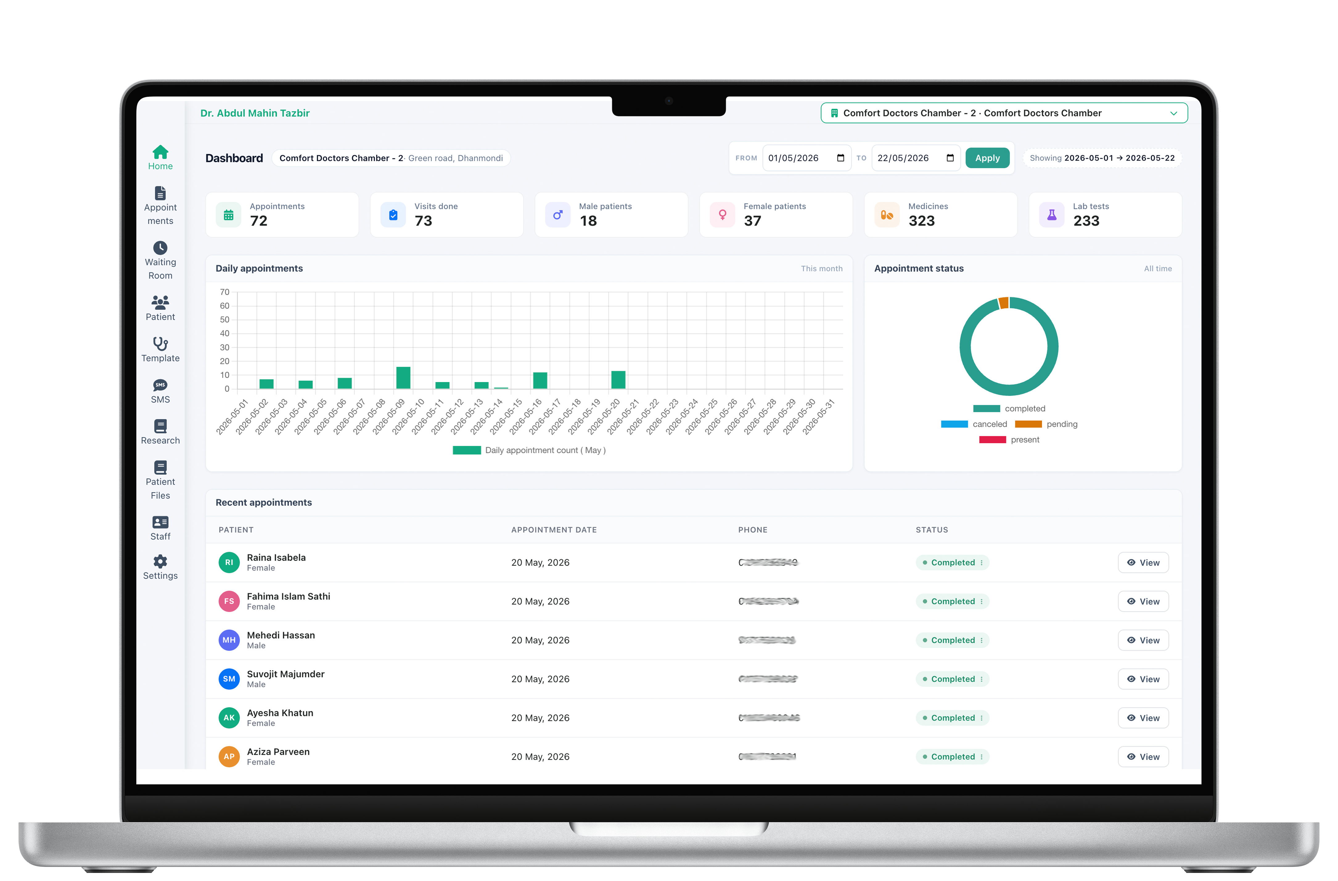 Shafa EHR dashboard preview